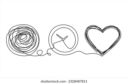 Chaos and heart abstract minimalist concept vector illustration. Metaphor of disorganized difficult problem, mess with black single continuous tangle thread in need of unraveling isolated on white