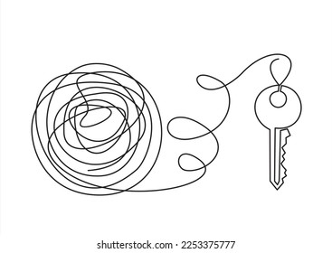 Chaos and key, abstract minimalist concept vector illustration. Metaphor of disorganized difficult problem found solution, mess with single continuous tangle thread in need of unraveling on white