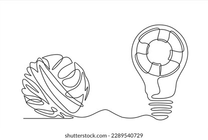 Chaos and light bulb with lifebuoy inside one line concept vector illustration. Metaphor of disorganized difficult problem, mess with black single continuous tangle thread in need of unraveling 