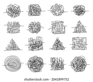 Los garabatos de la línea del caos y las formas de laberinto mezcladas al azar. Concepto de doodle de pluma de pensamientos desordenados, problemas complicados y conjunto de vectores de mente confundida. Confusión o alteración de elementos aislados en blanco