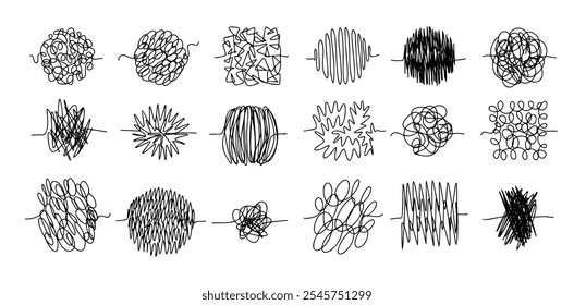 Chaos lines doodle set. Hand drawn tangled clew. Insane scribble lines. confused doodle scribbles. Vector illustration