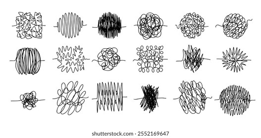 Conjunto de rabiscos de linhas de caos. Vara emaranhada desenhada à mão. Linhas de rabiscos insensatas. rabiscos confusos. Ilustração vetorial