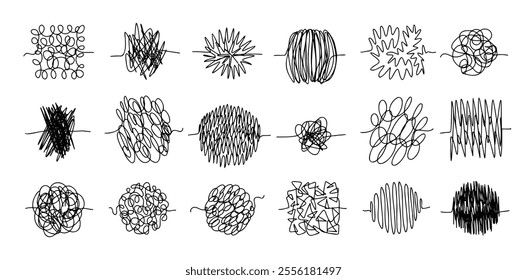 Chaos lines doodle set. Hand drawn tangled clew. Insane scribble lines. confused doodle scribbles. Vector illustration