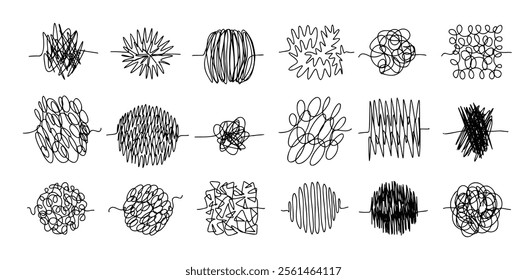 Chaos lines doodle set. Hand drawn tangled clew. Insane scribble lines. confused doodle scribbles. Vector illustration