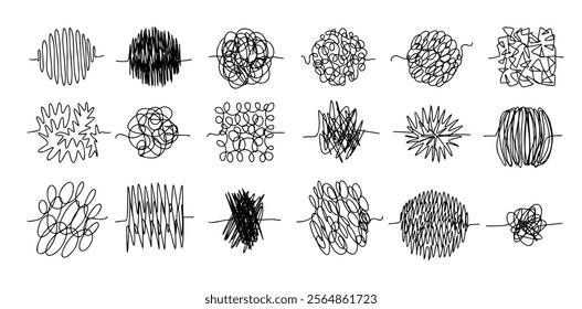 Chaos lines doodle set. Hand drawn tangled clew. Insane scribble lines. confused doodle scribbles. Vector illustration