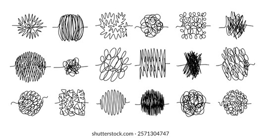 Chaos lines doodle set. Hand drawn tangled clew. Insane scribble lines. confused doodle scribbles. Vector illustration