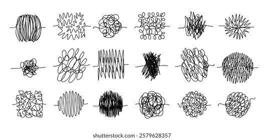 Chaos lines doodle set. Hand drawn tangled clew. Insane scribble lines. confused doodle scribbles. Vector illustration