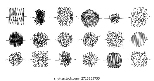 Conjunto de rabiscos de linhas de caos. Vara emaranhada desenhada à mão. Linhas de rabiscos insensatas. rabiscos confusos. Ilustração vetorial