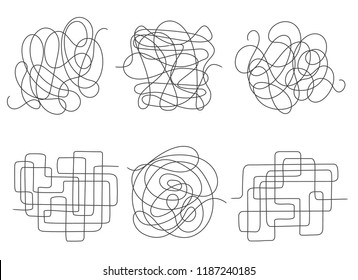 Chaos lines. Tangled clew set vector illustration, insane scribble lines or confused brain doodle scribbles symbols