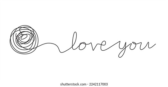 Chaos and love you abstract minimalist concept vector illustration. Metaphor of disorganized difficult problem, mess with black single continuous tangle thread in need of unraveling isolated on white