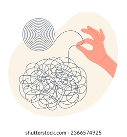 Chaos of mental problems, need for order and coachs help vector illustration. Cartoon hand holding tangled thread to untangle maze to circle with creative solution, psychotherapy session and training