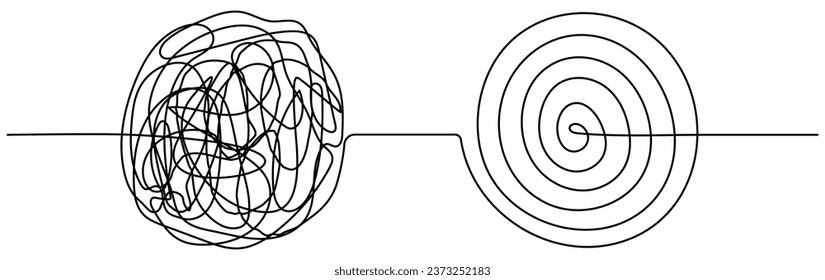 Chaos and mess circle continuous line drawn. Psychotherapy linear concept. Problem solution symbol. Vector illustration isolated on white.