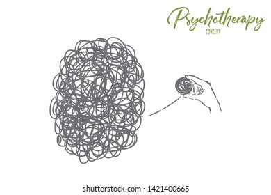 Chaos   mess  complication  problem  difficult situation solving  psychotherapy metaphor  Tangled thread   yarn ball  depression   life problem concept sketch  Hand drawn vector illustration