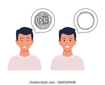 Chaos and mess man head. Psychotherapy result illustration. Depression concept. Frustrated man with problems. Vector isolated on white