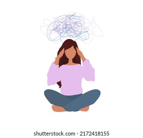 Chaos in mind, woman with disorder in thought. Female character suffers from obsessive thoughts, headache. Mental health support, depression. Symbol of the line of chaos. Flat vector