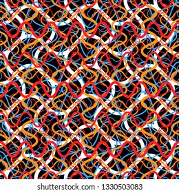Chaos of multicolored computer cables and wires seamless pattern. Vector digital art background. Linking, connecting, conduct concept for textile design or server room decor style.