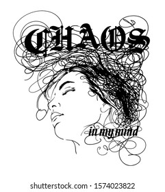 Chaos in my mind girl face line art illustration