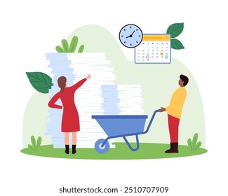 Chaos in office paperwork storage, unorganized business information, bureaucracy. Tiny people driving stack of paper documents on wheelbarrow to pile of archives and sheets cartoon vector illustration