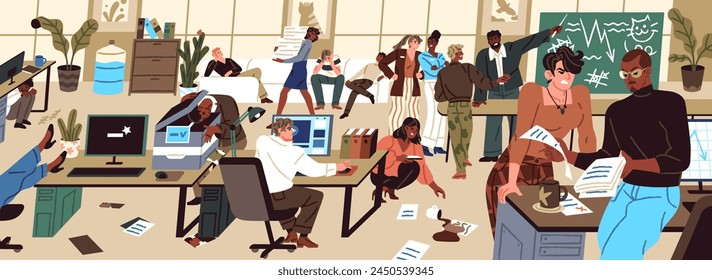 Chaos in office. Problems with management, organization at work concept. Unorganized workers, lazy employees' team conflict, mess at workplace. Business teamwork trouble. Flat vector illustration