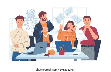 Chaos in office. Stressed workers with shock reaction. Surprised people look at flying pages. Mess in workplace with spilled coffee and blown away papers. Vector sheets thrown into air