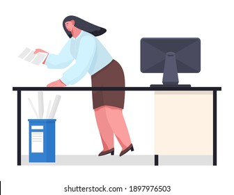 Chaos im Amt. Unorganisierter Büroangestellter in Panik. Frauen Stress aus der Papierarbeit, Lösung von Schwierigkeiten, Probleme. Frist für den Arbeitsausfall, verwirrt, stressig, beschäftigt. Angestellte beeilen sich und panisieren
