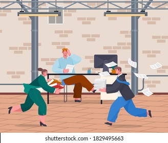 Chaos in office. Unorganized office workers in panic. People stressing, solving difficulties, problems. Workers and failure deadline. Mess and business problems. Many work and few time. Employee hurry