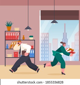 Chaos in office. Unorganized office workers in panic. People stressing, solving difficulties, problems. Workers and failure deadline. Man with phone calling, woman with folders, people running