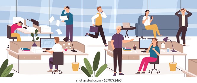 Chaos in office. Work place with stressed, lazy, sleeping or panicing workers and angry boss. Business problem at deadline vector concept. Open space with mama and woman in hurry or rush