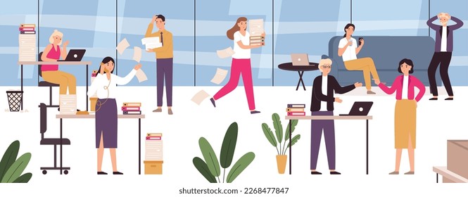 Chaos in office, work place with stressed. Vector of chaos in work, business job with paperwork, busy place cartoon, illustration of workplace with paper and worker