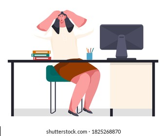 Chaos in office. Office worker with scared holding hands by head. Unorganized woman stressing, confused. Worker failure deadline, make mistake, broken. Businesswoman has heavy day sitting at table