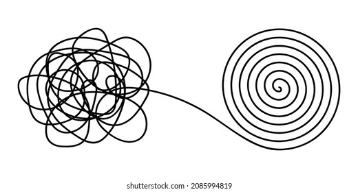 Chaos and order abstract minimalist concept vector illustration. Metaphor of disorganized difficult problem, mess with black single continuous tangle thread in need of unraveling isolated on white