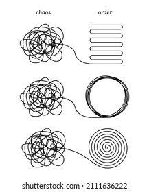 Chaos and order abstract minimalist concept vector illustration. Metaphor of disorganized difficult problem, mess with black single continuous tangle thread in need of unraveling isolated on white