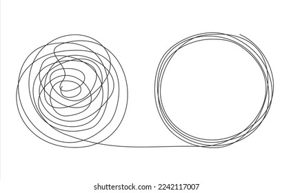 Chaos and order abstract minimalist concept vector illustration. Metaphor of disorganized difficult problem, mess with black single continuous tangle thread in need of unraveling isolated on white