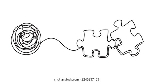 Chaos and order abstract minimalist concept vector illustration. Metaphor of disorganized difficult problem, mess with black single continuous tangle thread in need of unraveling isolated on white