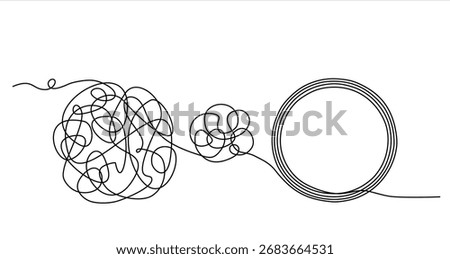 Chaos and order abstract minimalist concept vector illustration. Metaphor of disorganized difficult problem, mess with black single continuous tangle thread in need of unraveling. Hand drawn	