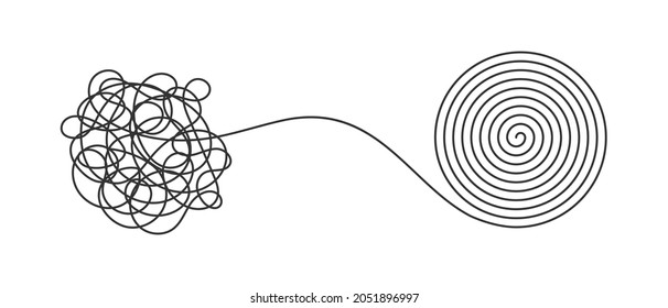 Chaos and order business concept flat style design vector illustration isolated on white background. Tangled disorder turns into spiral order line, find solution. Coaching, mentoring or psychotherapy.