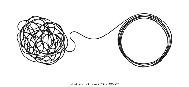 Chaos and order business concept flat style design vector illustration isolated on white background. Tangled disorder turns into circle order line, find solution. Coaching, mentoring or psychotherapy.