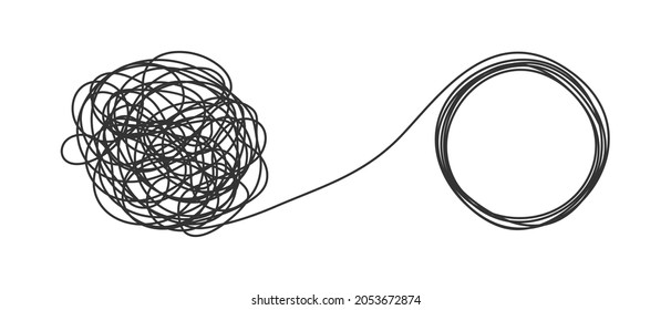 Chaos and order business concept flat style design vector illustration isolated on white background. Tangled disorder turns into circle order line, find solution. Coaching, mentoring or psychotherapy.