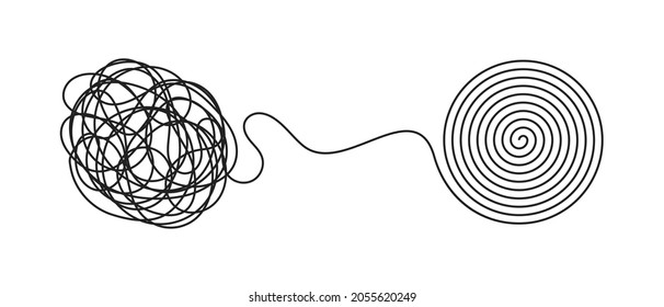 Chaos and order business concept flat style design vector illustration isolated on white background. Tangled disorder turns into spiral order line, find solution. Coaching, mentoring or psychotherapy.