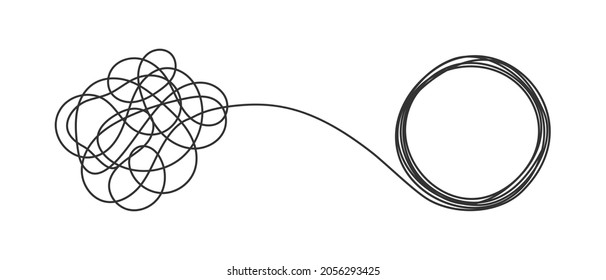 Chaos and order business concept flat style design vector illustration isolated on white background. Tangled disorder turns into circle order line, find solution. Coaching, mentoring or psychotherapy.