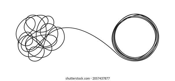 Chaos and order business concept flat style design vector illustration isolated on white background. Tangled disorder turns into circle order line, find solution. Coaching, mentoring or psychotherapy.