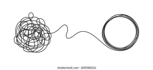 Chaos and order business concept flat style design vector illustration isolated on white background. Tangled disorder turns into circle order line, find solution. Coaching, mentoring or psychotherapy.