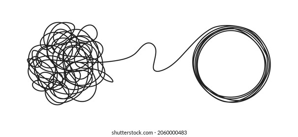 Chaos and order business concept flat style design vector illustration isolated on white background. Tangled disorder turns into circle order line, find solution. Coaching, mentoring or psychotherapy.
