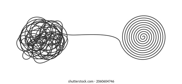 Chaos and order business concept flat style design vector illustration isolated on white background. Tangled disorder turns into spiral order line, find solution. Coaching, mentoring or psychotherapy.