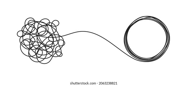 Chaos and order business concept flat style design vector illustration isolated on white background. Tangled disorder turns into circle order line, find solution. Coaching, mentoring or psychotherapy.