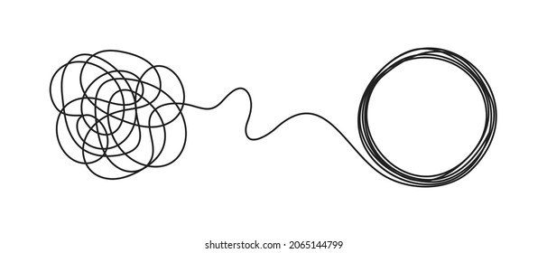 Chaos and order business concept flat style design vector illustration isolated on white background. Tangled disorder turns into circle order line, find solution. Coaching, mentoring or psychotherapy.