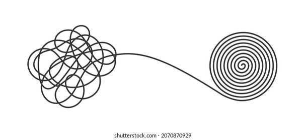 Chaos and order business concept flat style design vector illustration isolated on white background. Tangled disorder turns into spiral order line, find solution. Coaching, mentoring or psychotherapy.