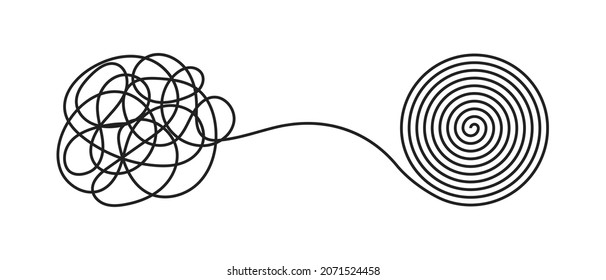 Chaos and order business concept flat style design vector illustration isolated on white background. Tangled disorder turns into spiral order line, find solution. Coaching, mentoring or psychotherapy.
