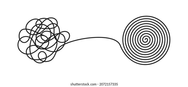 Chaos and order business concept flat style design vector illustration isolated on white background. Tangled disorder turns into spiral order line, find solution. Coaching, mentoring or psychotherapy.