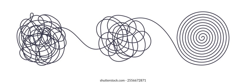 Chaos and order business concept flat style design vector illustration isolated on white background. Tangled disorder turns into spiral order line, find solution. Coaching, mentoring or psychotherapy.